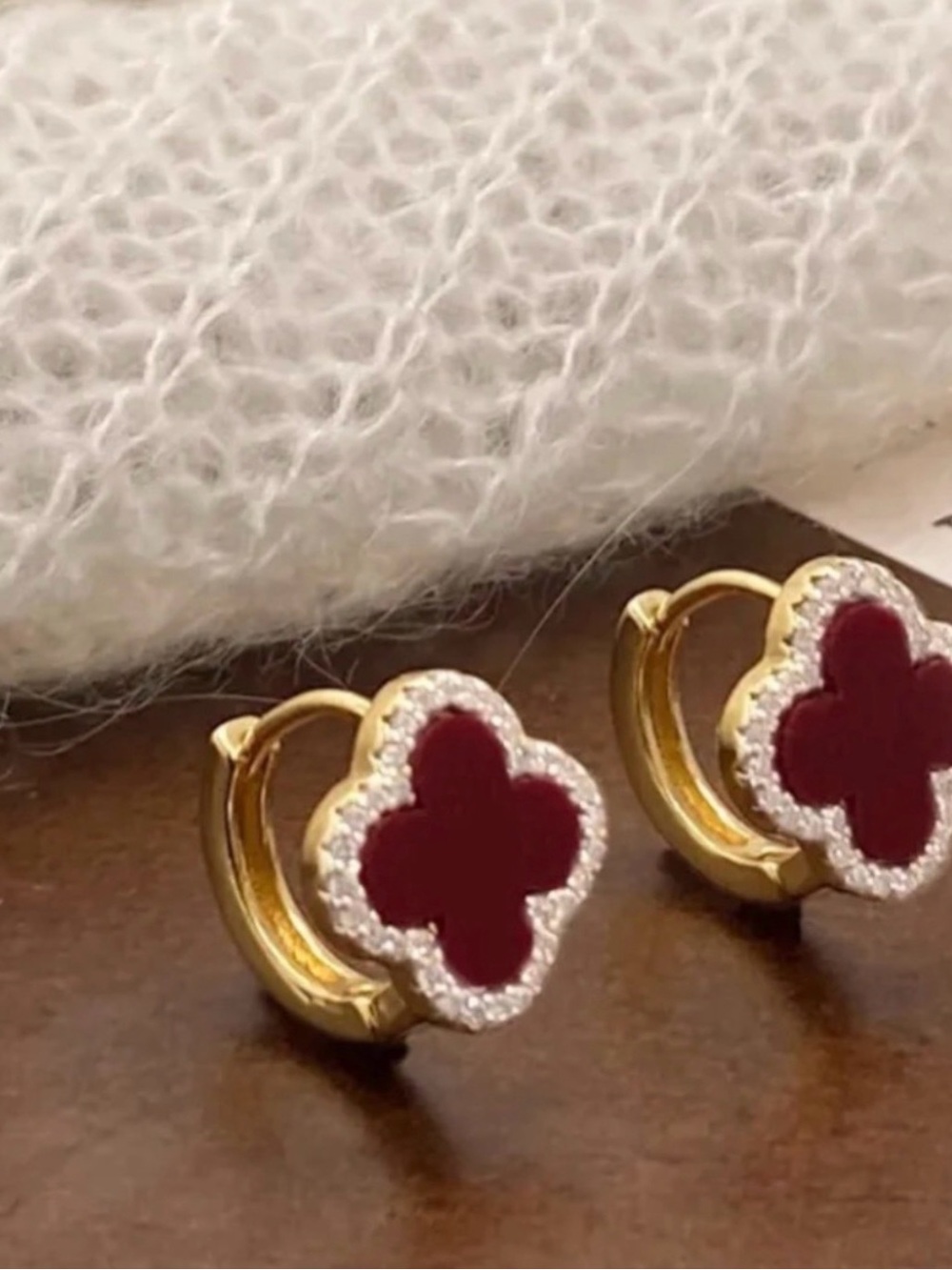 Gold Hoop Earrings with Red Clover Accent